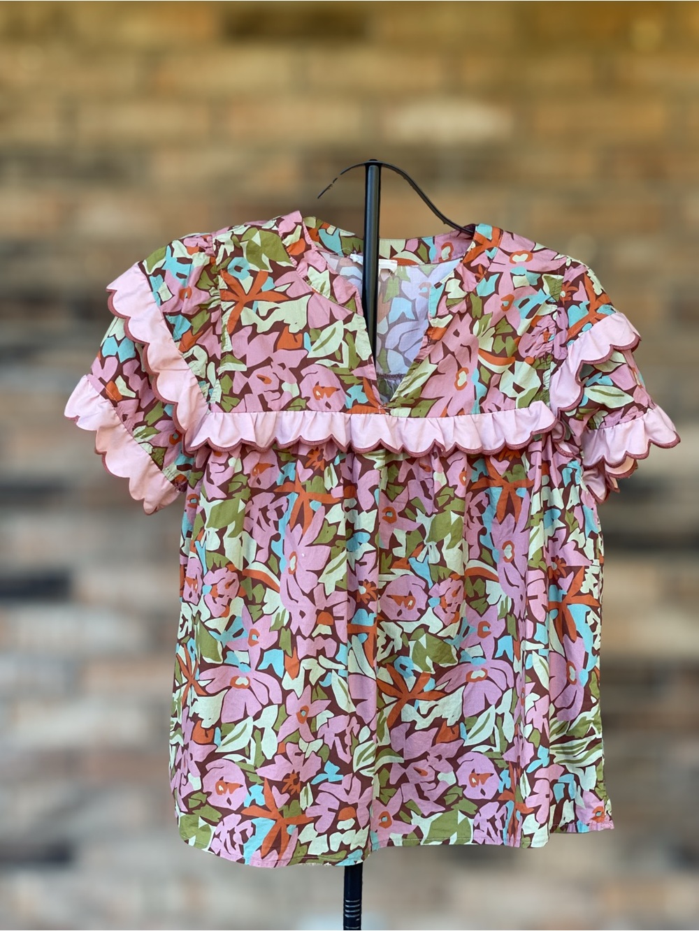 Entro Floral Ruffle Trim Blouse Pink Green Large